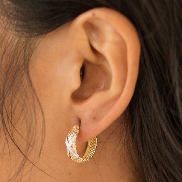 Two Toned Gold Textured Hoop Earrings - Picture 4 of 5